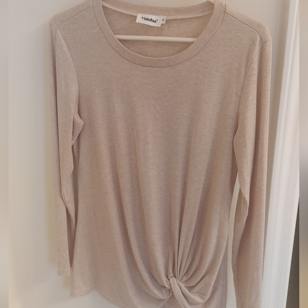 Tan Tie Front Blouse with T-Shirt Sleeves